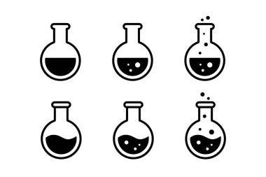Kimyasal laboratuvar matarası ikonu. Floransa matarası ikon vektörü ayarlandı. Kabaran sıvı ikonlu yuvarlak bir şişe..