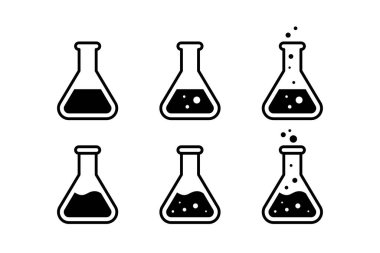 Kimyasal matara ikonu. Sıvı vektör ikonlu Erlenmeyer matarası. Kabarcık ikonlu kimya şişesi. Kimyasal laboratuvar ikonu seti. Vektör illüstrasyonu