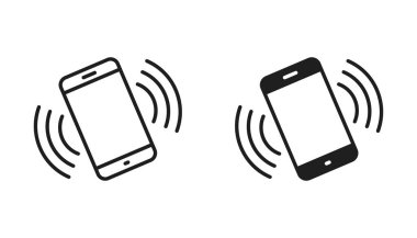 Telefon titreşimli işaret işareti. Titreşim kipi simgesi. Cep telefonu titreşimli simge, siyah ve beyaz vektör işareti
