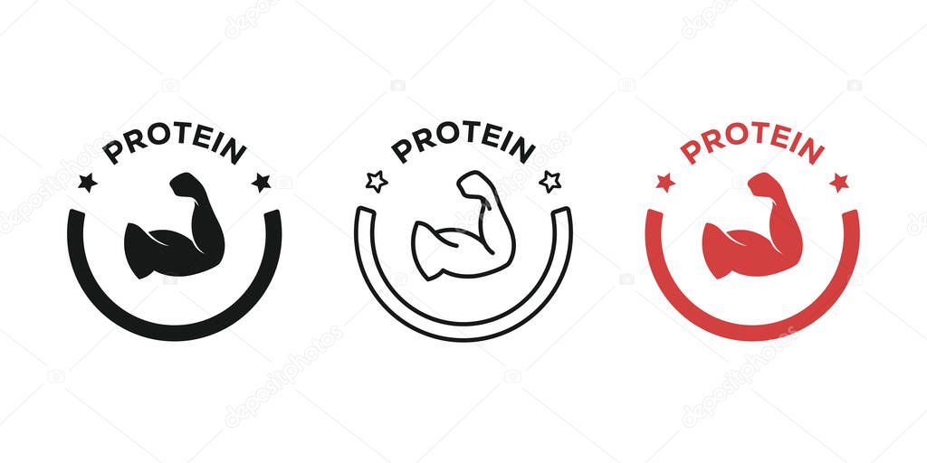 High protein icon. Muscle icon set flat style. Bicep muscle icon. Whey protein fitness logo, badge, symbol, stamp. Fitness nutrition for gym and muscles icon. Vector illustration