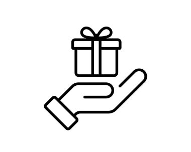 Hediye ikonu vektörüyle el. Verme ve şimdiki konsept. Hediye kutusu işareti. Hediye kutusu el simgesinde. Vektör illüstrasyonu
