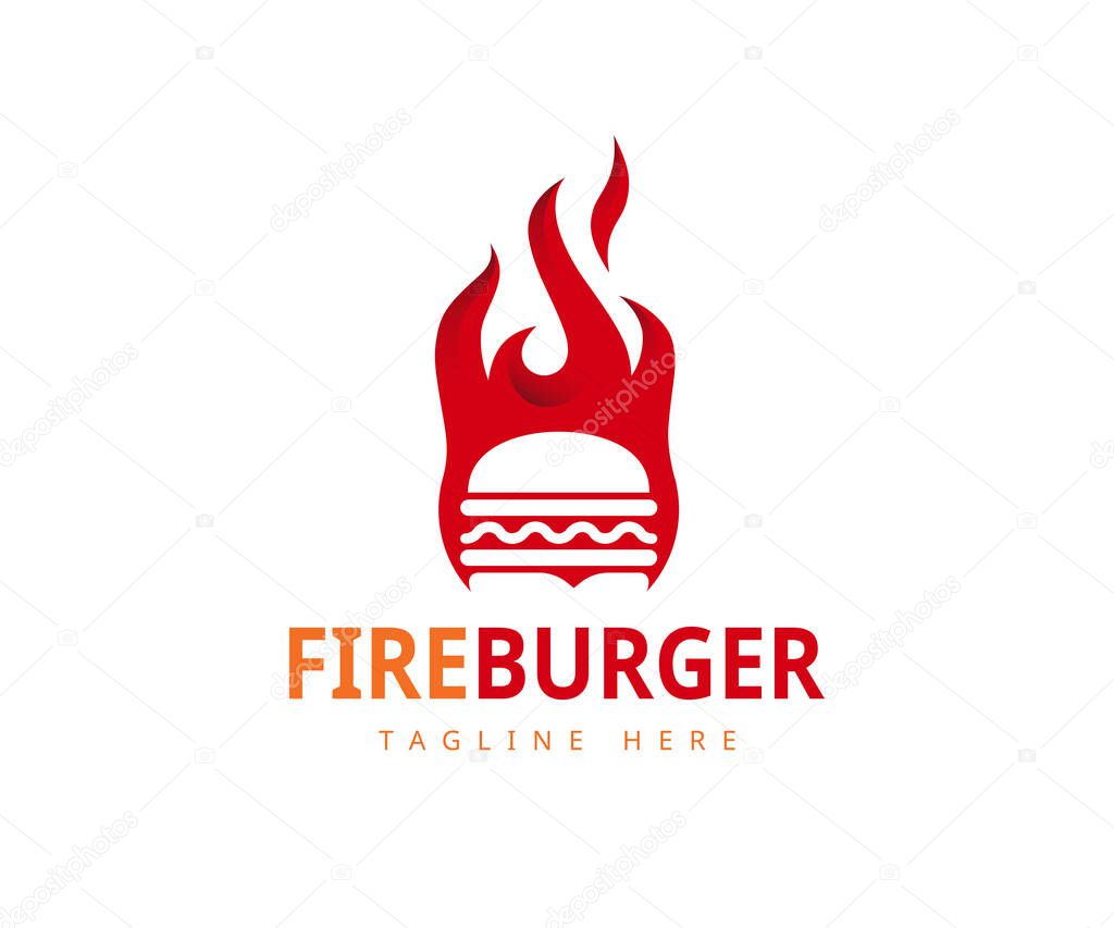 Hot Burger logo design template. Burger with fire label logo design vector
