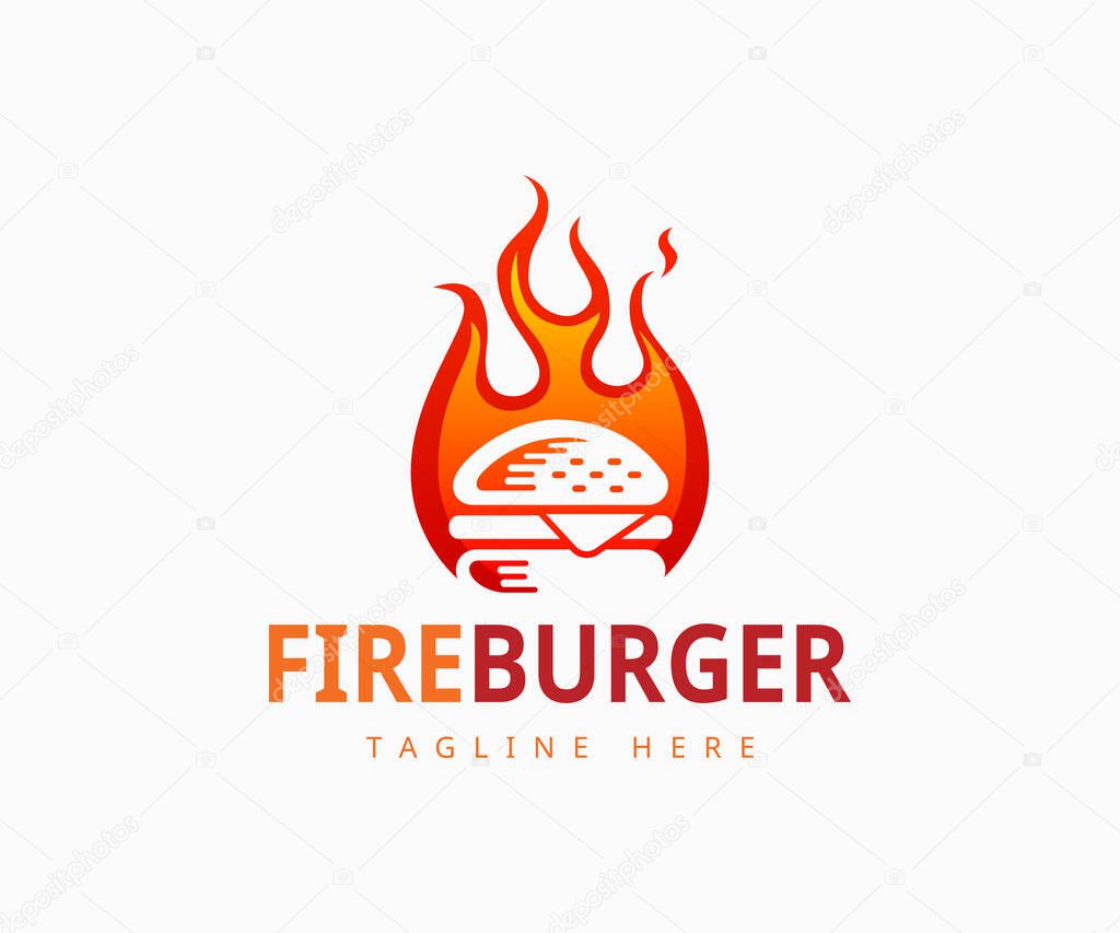 Hot burger logo design template. Burger with fire logo design vector.