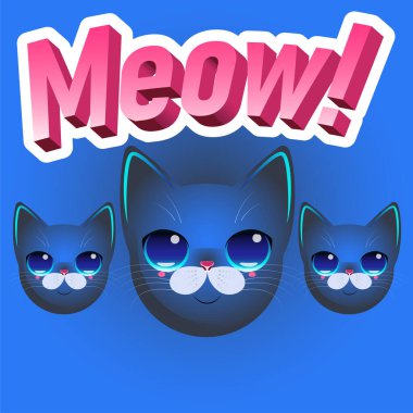 Kedilerin vektör çizimi. Üzerinde miyav yazan güzel kedi posteri! Kartpostallar ve yazıcılar için..