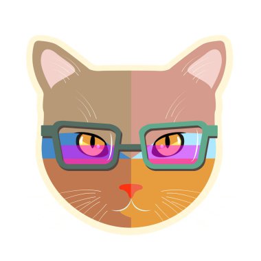 Gözlüklü vektör kedi. Beyaz arka planda kedi simgesi. Modaya uygun bir hayvan..
