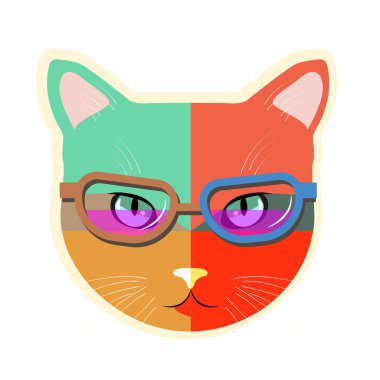 Gözlüklü vektör kedi. Beyaz arka planda kedi simgesi. Modaya uygun bir hayvan..