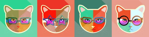 Gözlüklü Farklı Renkli Kedi Ifadeleriyle Ayarlandı — Stok Vektör
