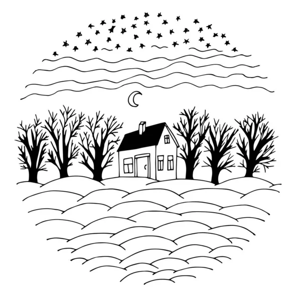 白夜の冬の家のベクトル漫画のイラスト — ストックベクタ