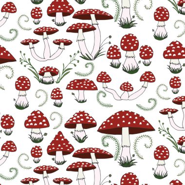 Sineklik ve eğreltiotu desenli. Zehirli mantarlar. Vektör illüstrasyonu