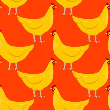 Altın tavuklar. Vektör çizimi. Kırmızı arka planda kümes hayvanları ile desen