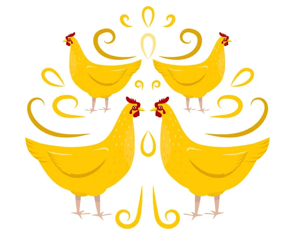 Goldene Hühner Mit Dekorativen Ornamenten Vektorillustration — Stockvektor