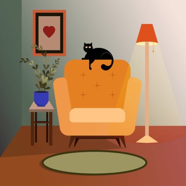 Kedi sandalyede. İç mekan. Rahat oda.