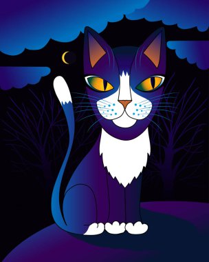 Ayışığı gecesinde mavi kedi. Bir kediyle gece manzarası.
