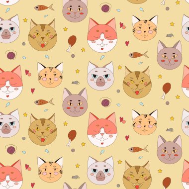 Kedili desen. Şirin kedi yüzleri. Vektör illüstrasyonu.