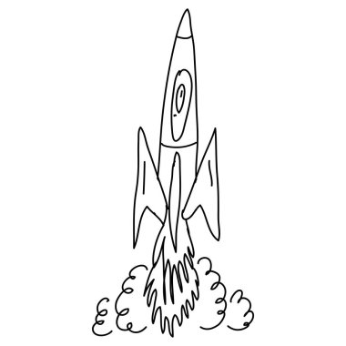 Uçan bir roketin el çizimi çizimi. Vektör illüstrasyonu.