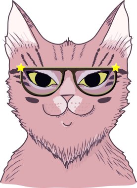 Gözlüklü sevimli pembe kedi. Vektör illüstrasyonu.