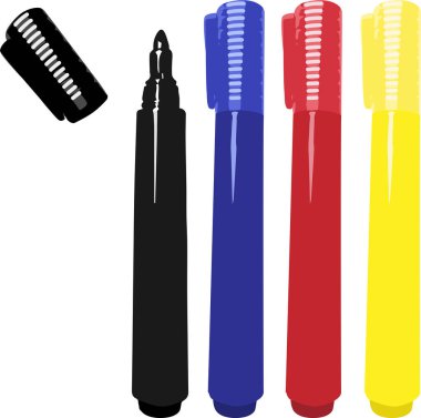 Beyaz arkaplanda izole edilmiş keçeli kalemler, illüstrasyon 