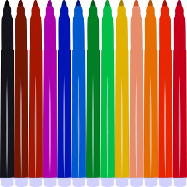 Beyaz arkaplanda izole edilmiş keçeli kalemler, illüstrasyon 