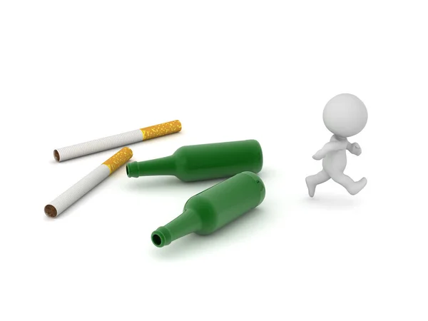 一个3D人物正在逃离酒瓶和香烟 孤立无援 白色背景 — 图库照片