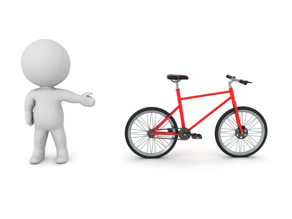Personagem Mostrando Bicicleta Vermelha Rendering Isolado Branco — Fotografia de Stock