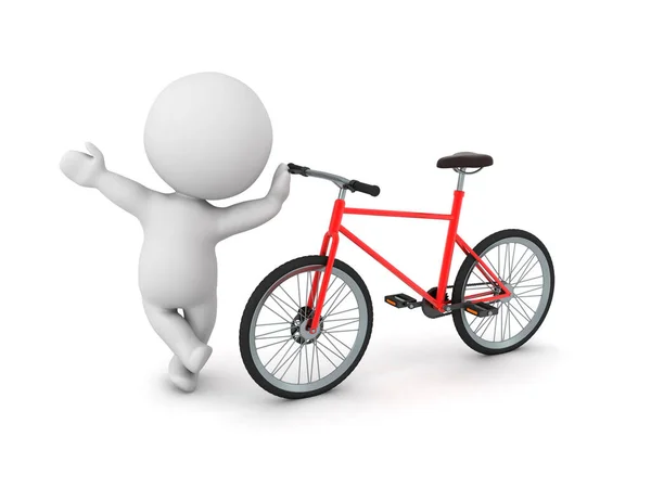 Characte Apoiando Bicyle Vermelho Rendering Isolado Branco — Fotografia de Stock
