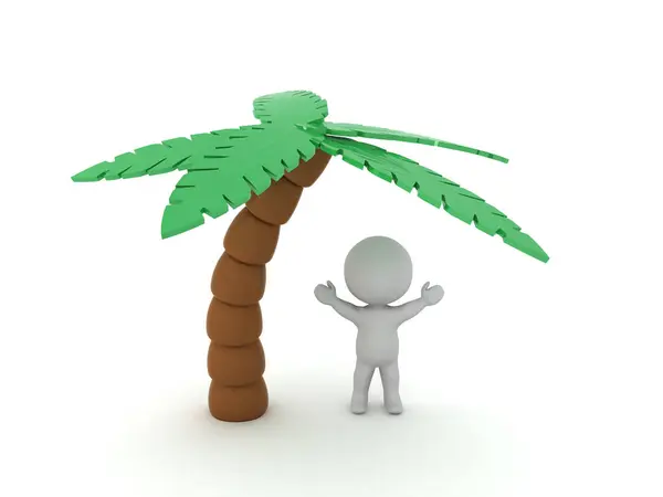 Happy 3D Character next to palm tree. 3D Rendering isolated on white