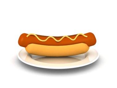 Üç boyutlu sosisli sandviç tabağı. 3B görüntüleme beyaz üzerine izole edildi