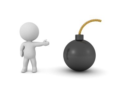 3D karakter karikatür bombası gösteriyor. 3B görüntüleme beyaz üzerine izole edildi