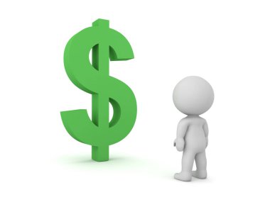 Büyük Dolar Sembolü 'ne bakan 3 boyutlu karakter. Beyaz arkaplanda izole.