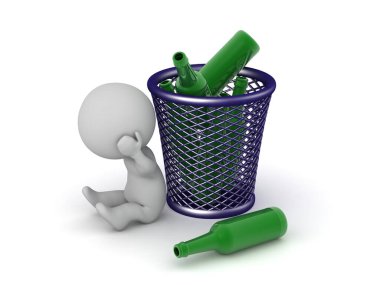 Üzgün bir 3D karakter bira şişeleriyle dolu bir çöp kutusunun yanında oturuyor. Beyaz arkaplanda izole.