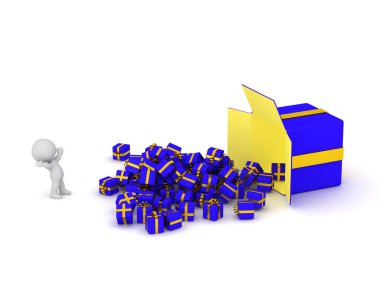 Bir sürü yeteneği olan üç boyutlu küçük bir adam. Resim beyaz arkaplanda izole edildi.