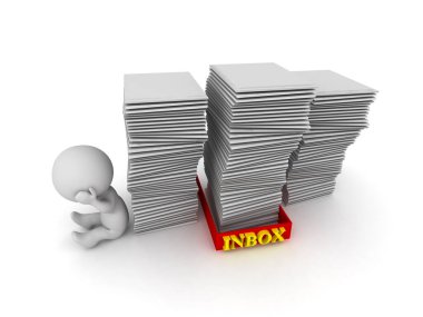 Bir 3D karakteri gelen kutusundaki kağıtlar yüzünden strese girer. Resim beyaz arkaplanda izole edildi.