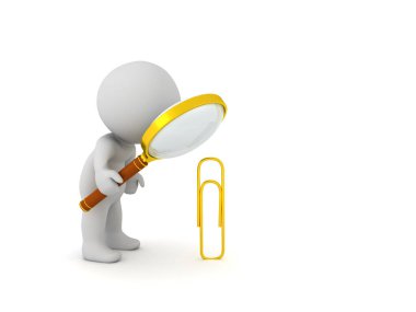 3D Karakter, altın ataçtaki büyüteçten bakıyor. 3B görüntüleme beyaz üzerine izole edildi