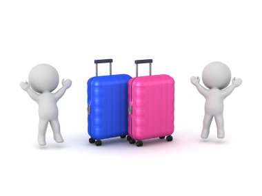 İki mutlu 3D adam seyahat etmeye hazır. Resim beyaz arkaplanda izole edildi