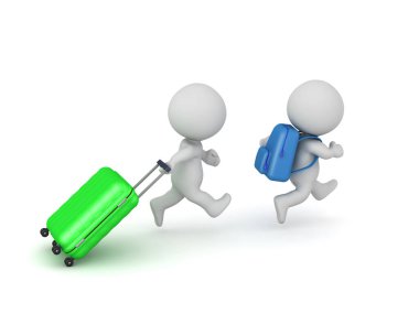 İki üç boyutlu adam seyahate çıkıyor. Resim beyaz arkaplanda izole edildi