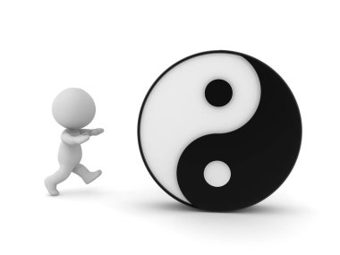 3 Boyutlu Karakter Yin Yang sembolü almak için koşuyor. Beyaz arkaplanda izole