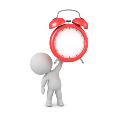 3D Karakter, Boş Alarm Saati Tutuyor. Beyaz arkaplanda izole