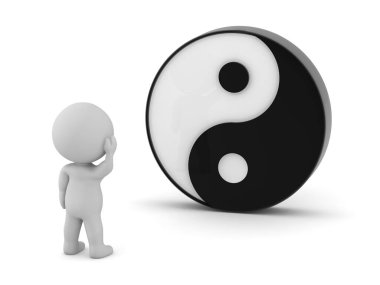 3 Boyutlu Karakter Yin Yang Sembolünü Düşünüyor. Beyaz arkaplanda izole