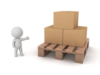 3D Karakter Karton Kutulu Bir Palet Gösteriyor. Beyaz arkaplanda izole