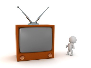 Retro TV 'ye bakan 3 boyutlu karakter. Beyaz arkaplanda izole.