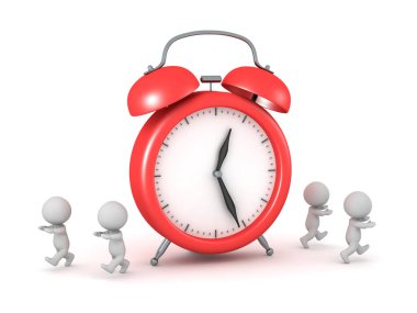 3D Karakterler Büyük Alarm Saatinden Kaçıyorlar. Beyaz arkaplanda izole.