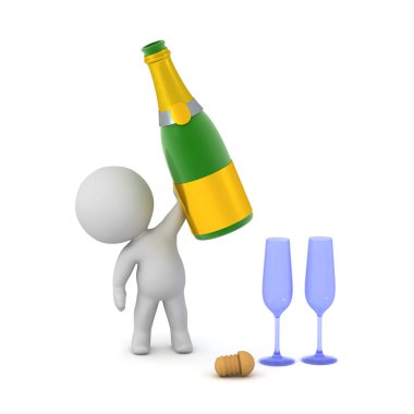 3 Boyutlu Karakter Şampanya Şişesini Tutuyor. Beyaz arkaplanda izole.