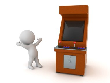 Arcade Video Oyun Kabineli Mutlu 3D Karakterler. Beyaz arkaplanda izole.