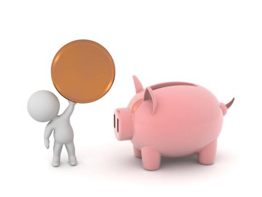Piggy Bank ve Large Coin ile 3D Karakter. Beyaz arkaplanda izole.