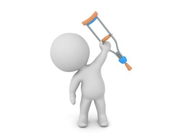 Üç boyutlu karakter koltuk değneğini kaldırıyor. 3B görüntüleme beyaz üzerine izole edildi