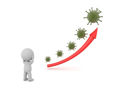Büyüyen bir virüs problemi olan 3 boyutlu karakter. Beyaz arkaplanda izole.