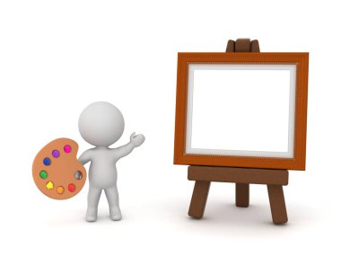 Paletli ve Easel 'li 3 boyutlu karakter. Beyaz arkaplanda izole.