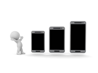 Daha Büyük Akıllı Telefonların Evrimi ile Mutlu 3D Karakterler. Beyaz arkaplanda izole.