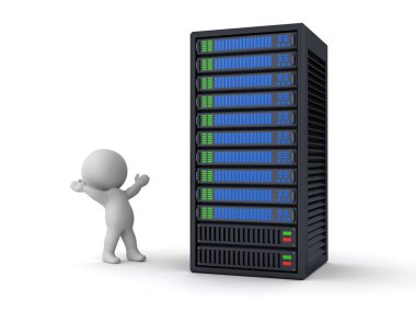 Büyük Server Raflı Mutlu 3D Karakterler. Beyaz arkaplanda izole.