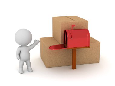 Posta kutusu ve büyük teslimat kutuları olan 3 boyutlu karakter. Beyaz arkaplanda izole.